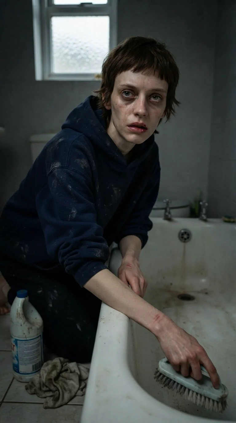 Marnie scrubs a guest room bath with a bruised wrist, a tear on her cheek.