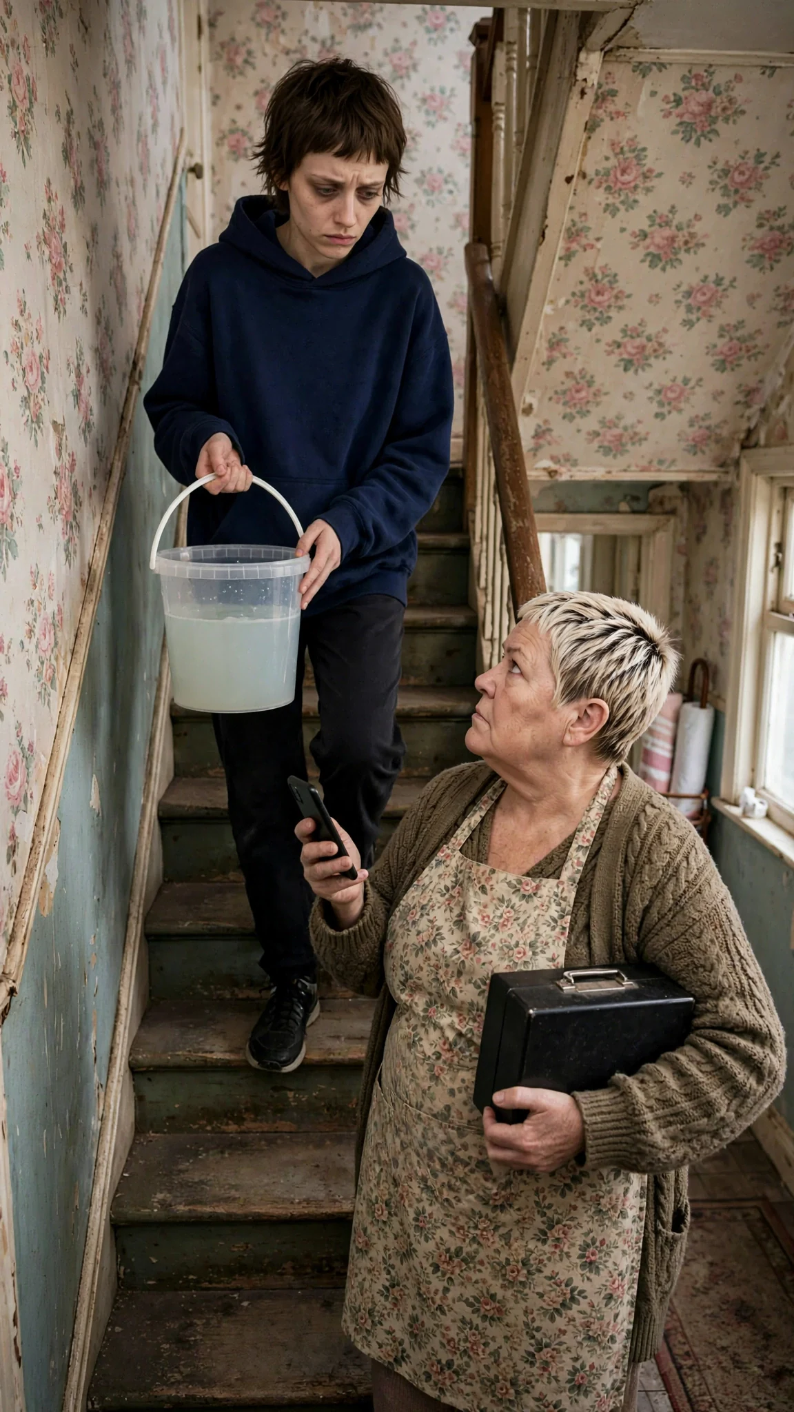 Marnie comes down the guesthouse stairs with a bleach bucket while Doreen waits at the bottom holding a phone.