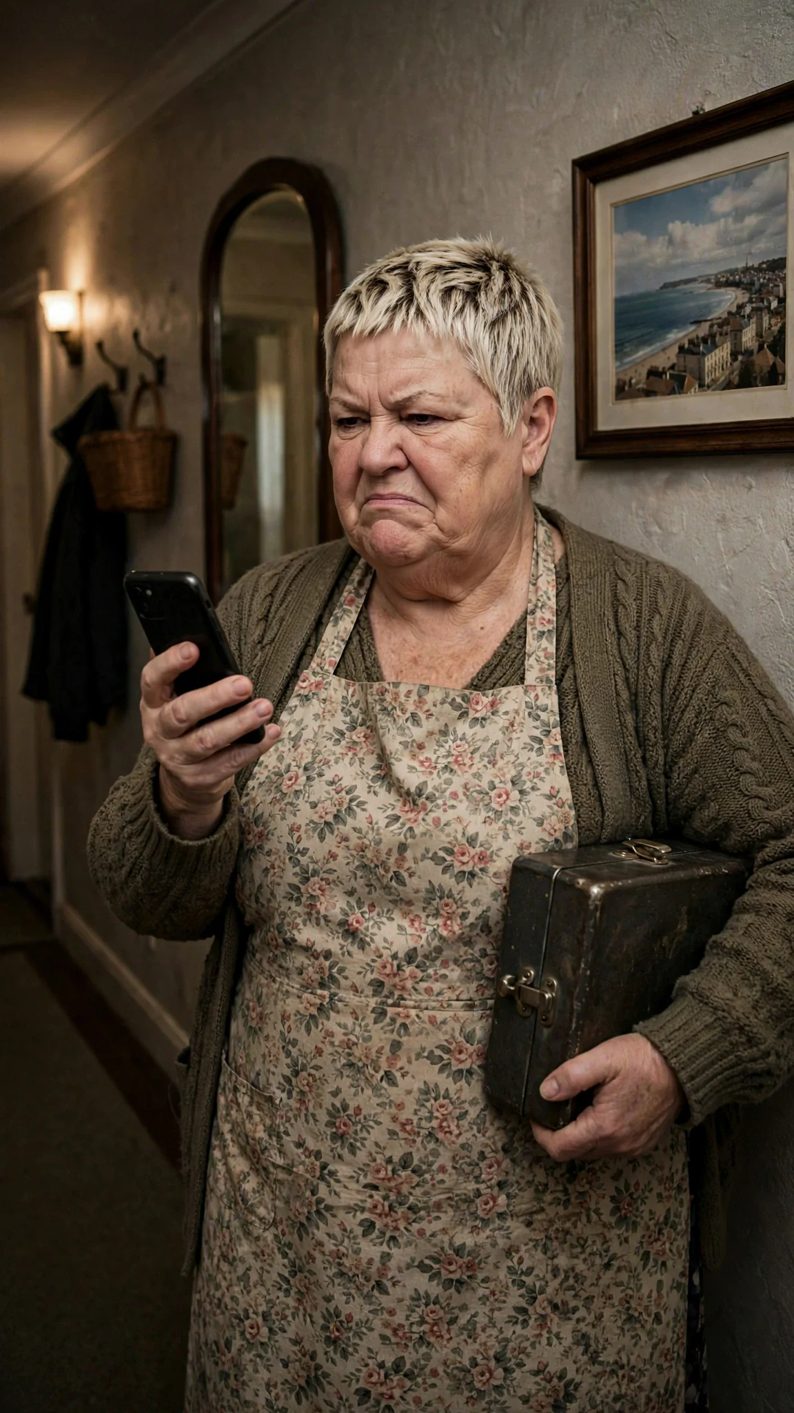 Doreen holds her phone up in the hallway, mouth tight with anger.