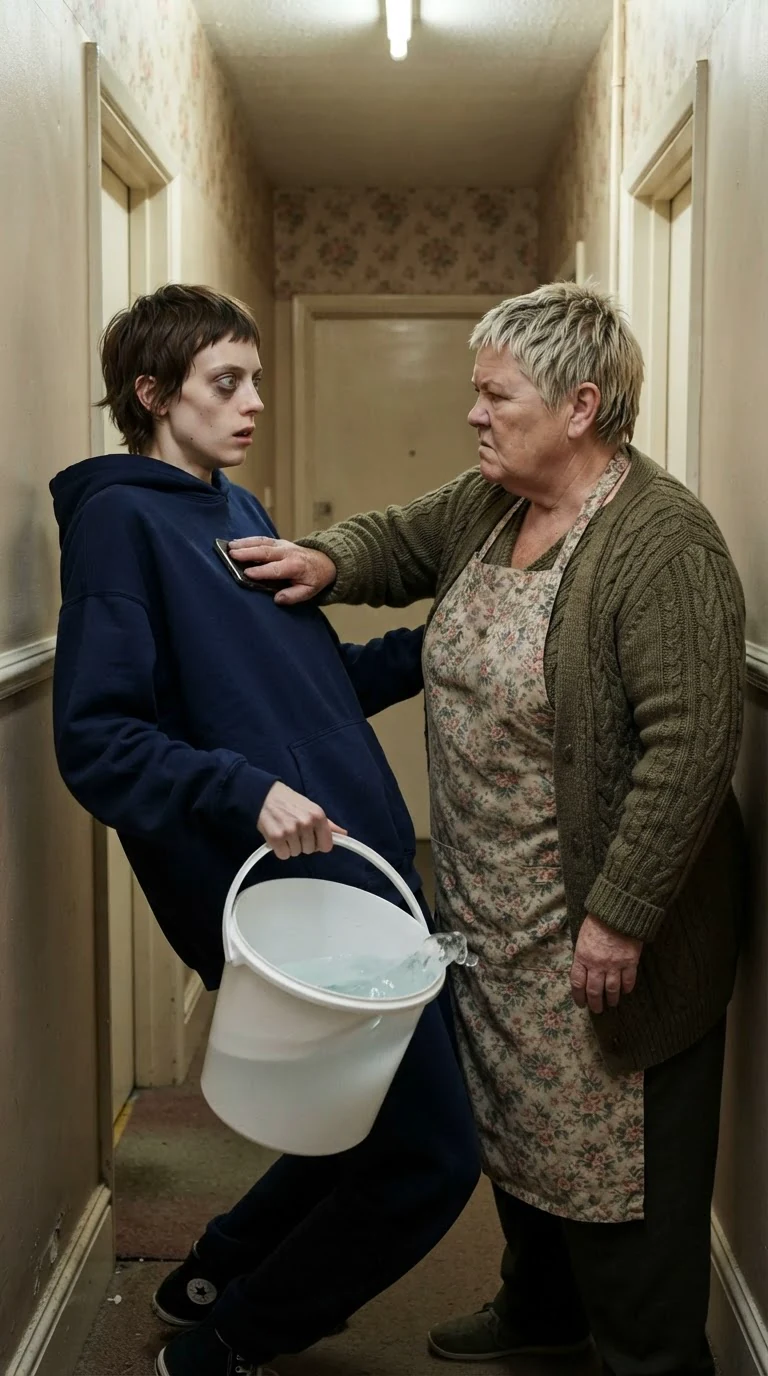 Doreen pushes a phone against Marnie's chest in the hallway.