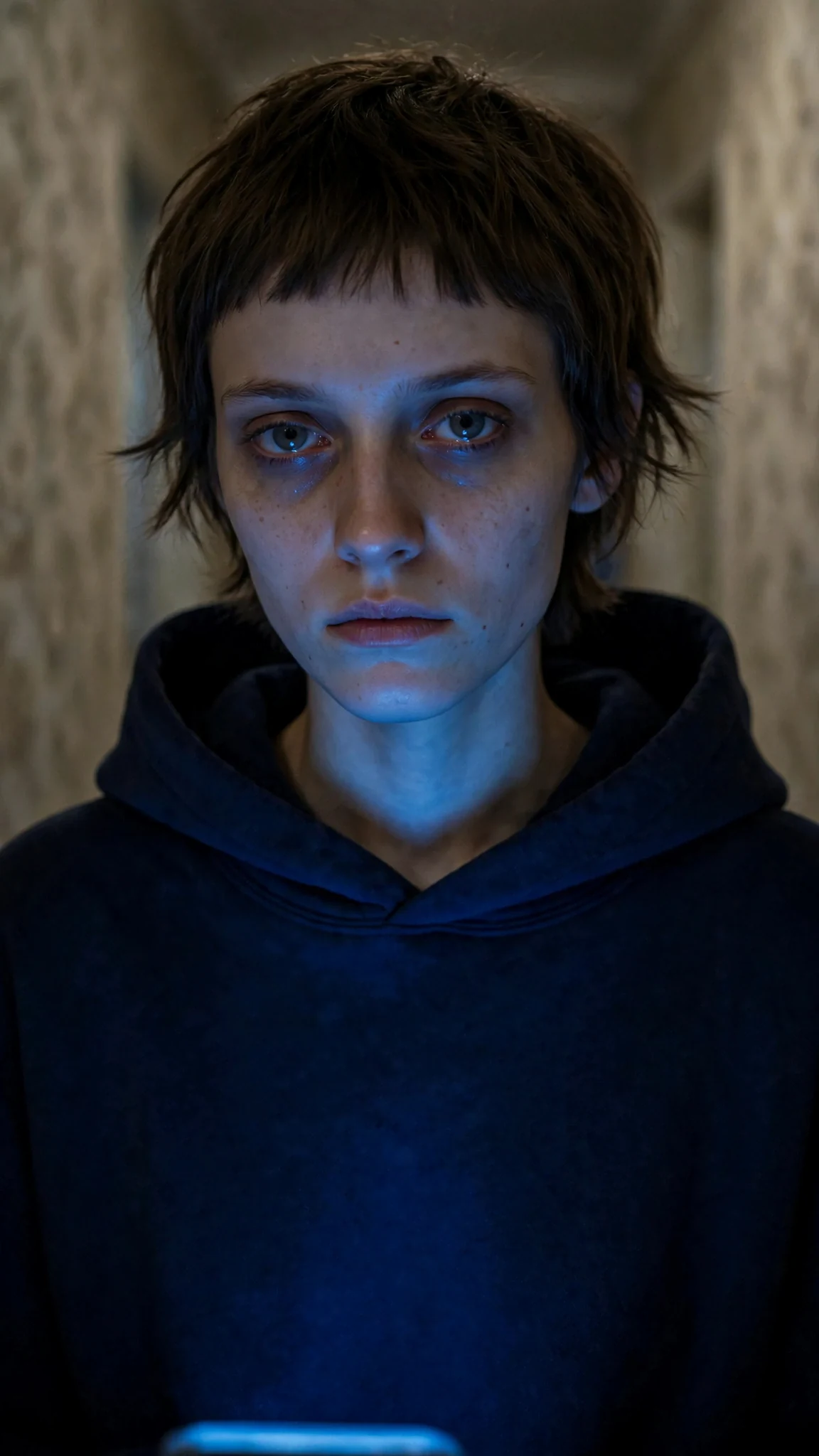 Close view of Marnie's face lit by a phone screen, jaw clenched.