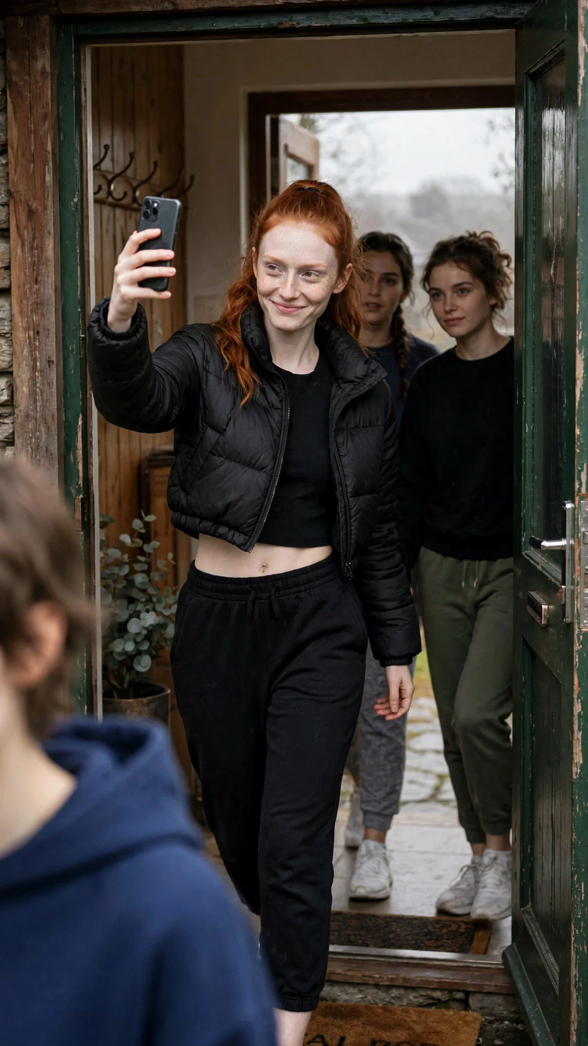 Piper walks into the guesthouse hall with two friends, phone already raised.