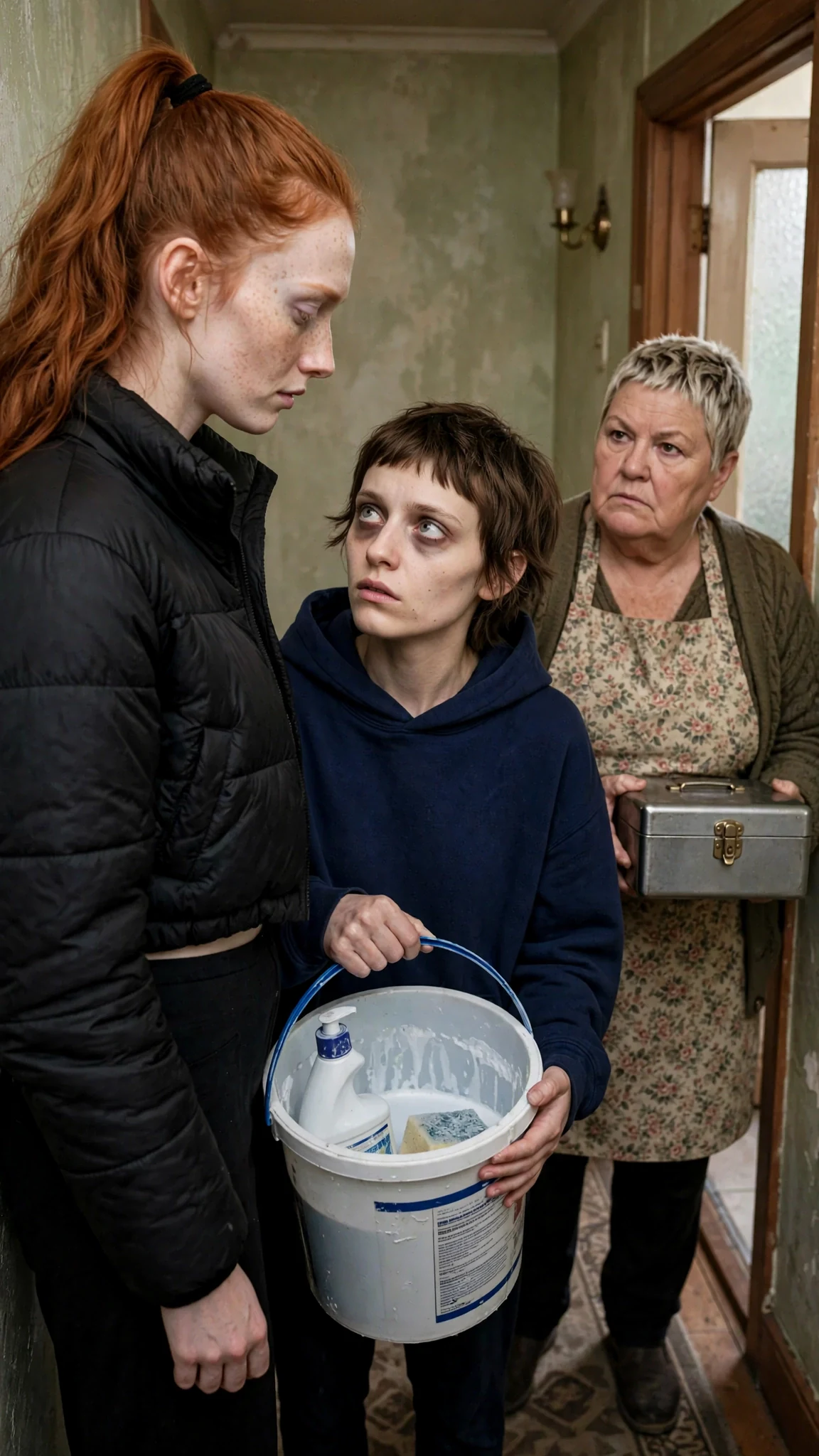 Piper looks Marnie up and down in the hallway while Doreen stands with the cash box.