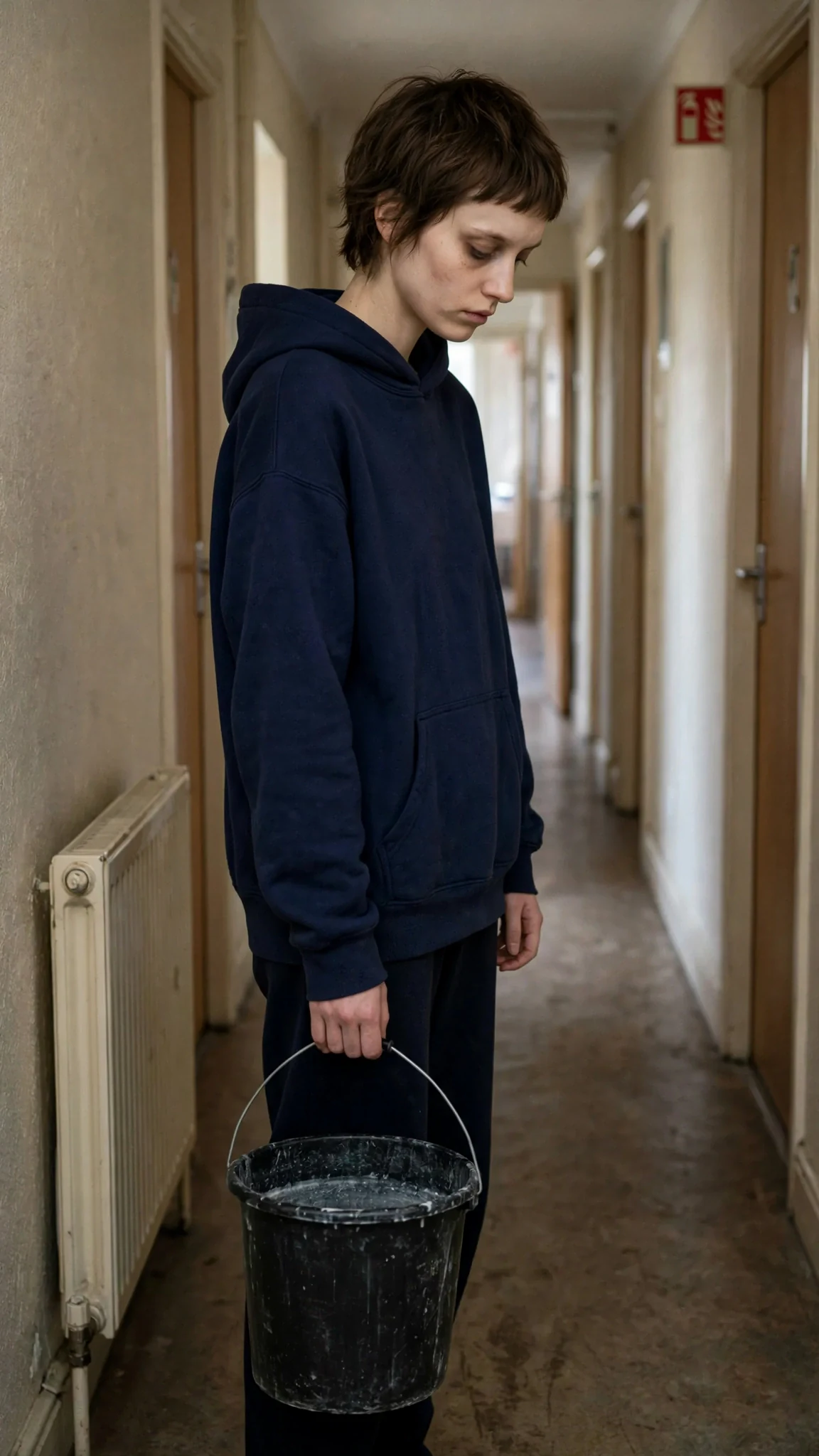 Marnie stands still, bucket in hand, refusing to kneel in the hallway.