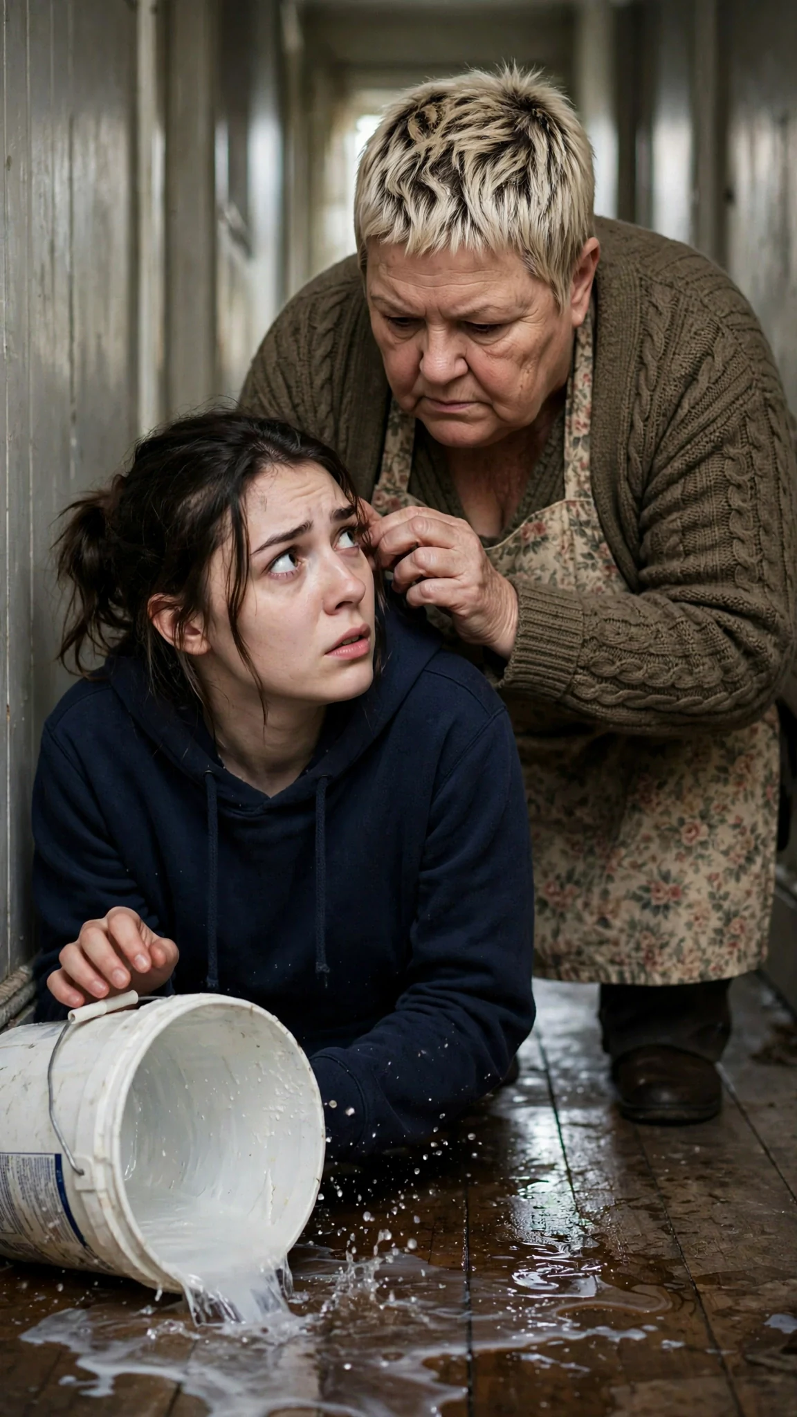 Doreen twists Marnie's ear, pulling her down toward the floor.