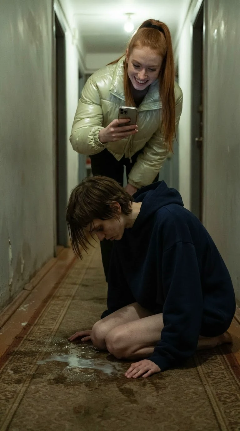 Marnie on her knees on the wet hallway carpet, Piper filming her from above.