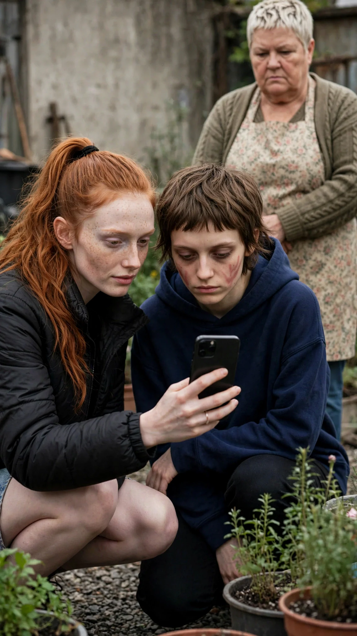 Piper crouches low in front of kneeling Marnie, phone between them.