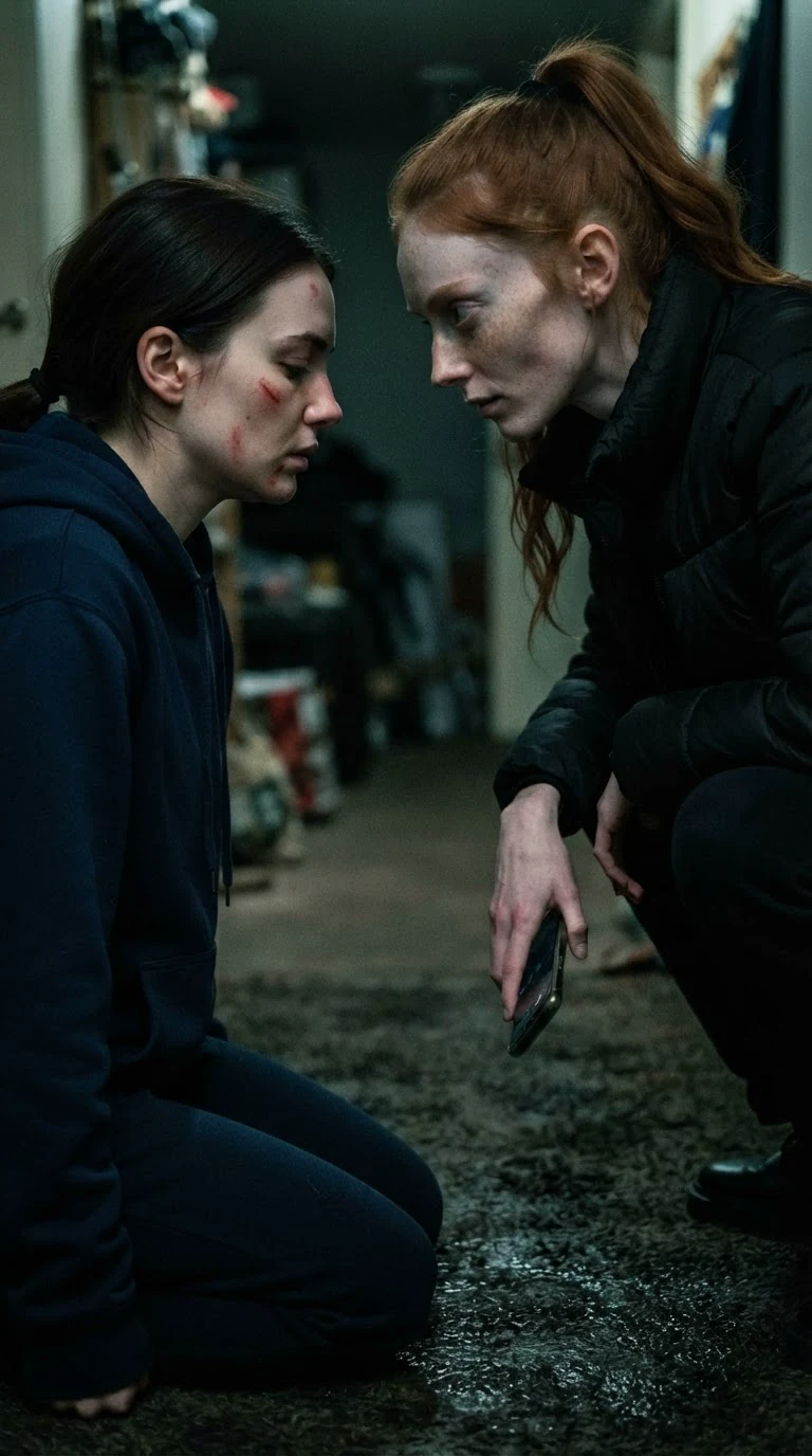 Piper leans very close to Marnie's face, speaking quietly, phone down at her side.