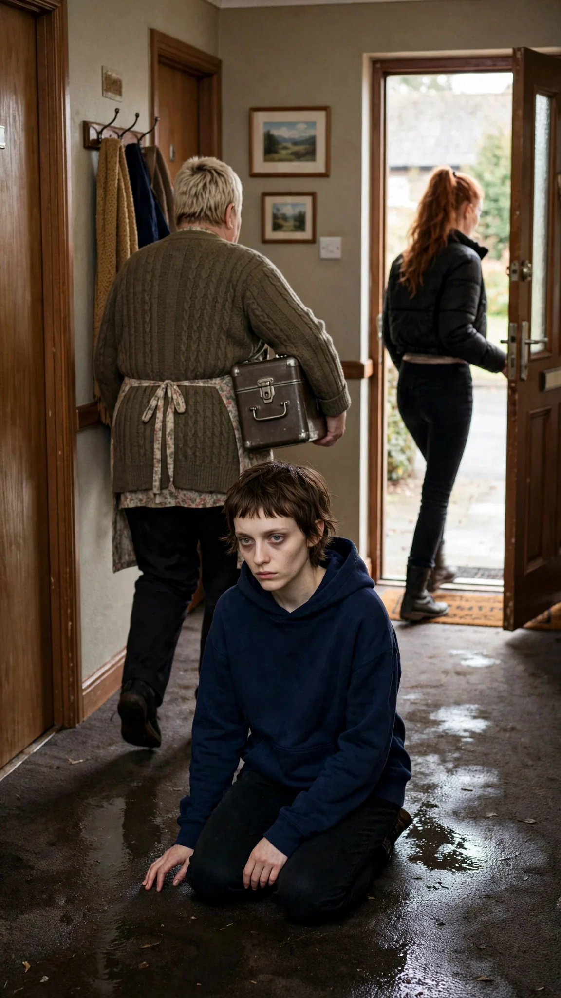 Doreen walks away down the hall with her cash box while Marnie stays on the floor.