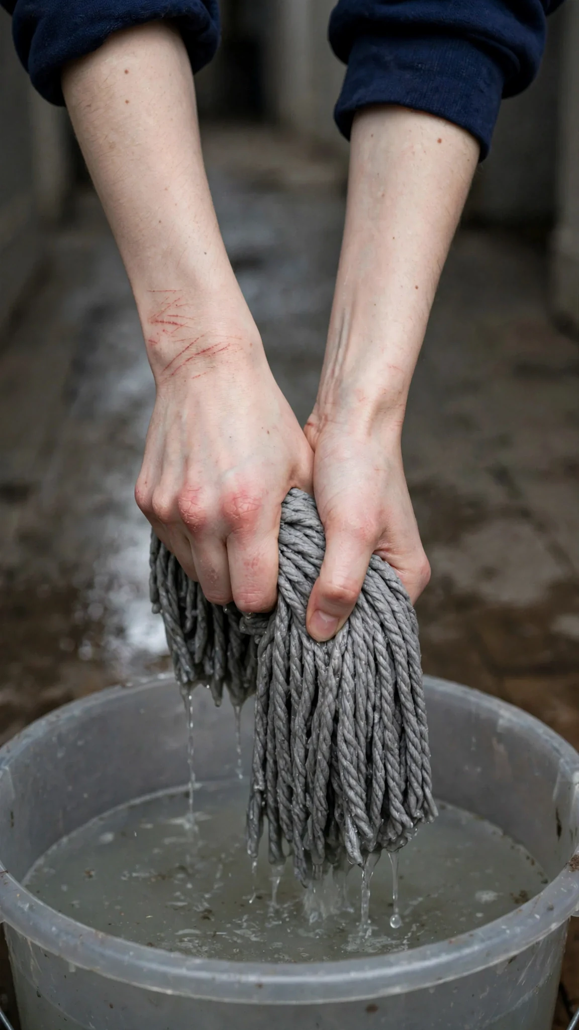 Close on Marnie's hands wringing out a mop over the bucket.