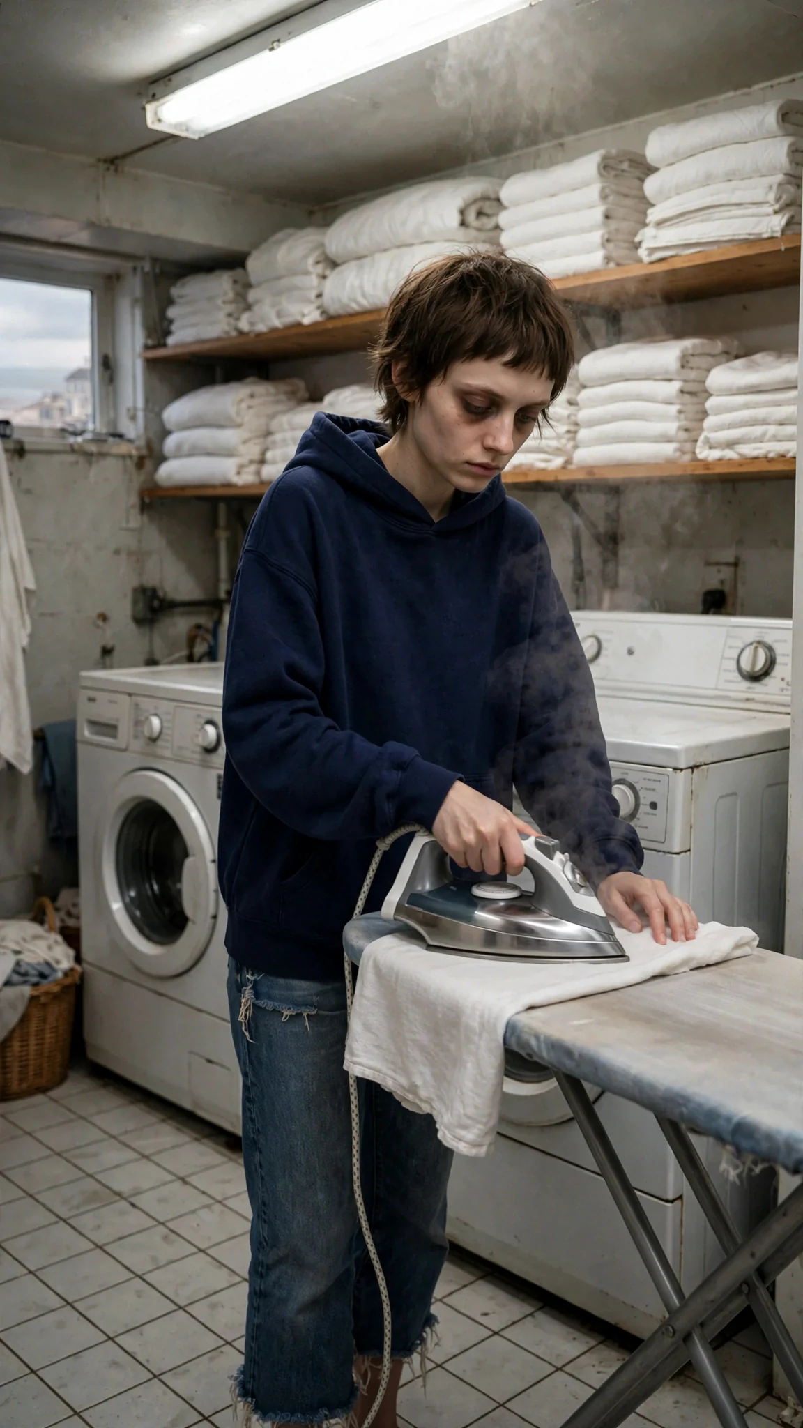 A thin young woman folds sheets in a basement laundry room, the iron hot on the board beside her.
