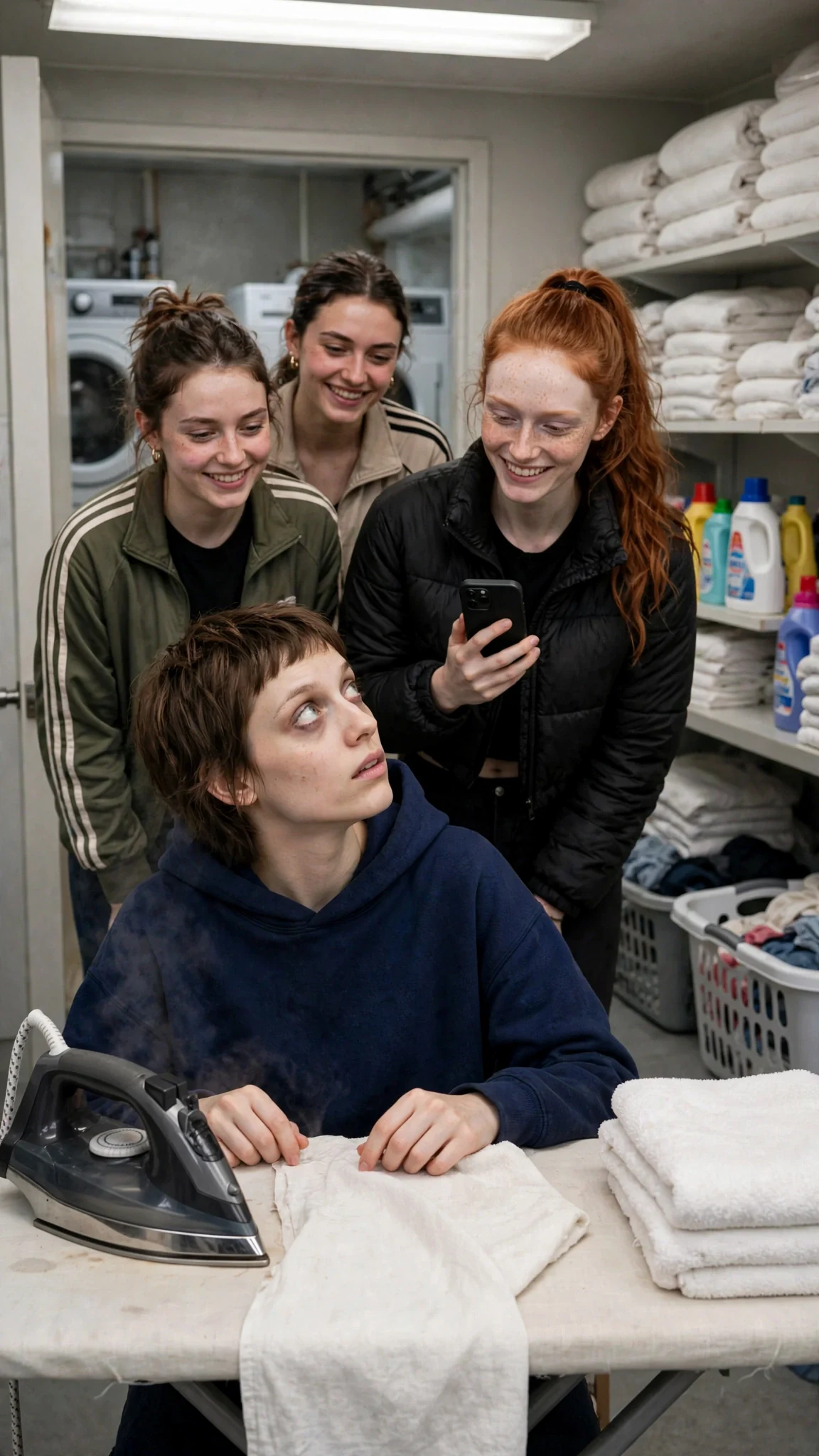 Three young women step into the laundry doorway and the small woman looks up from the ironing board.