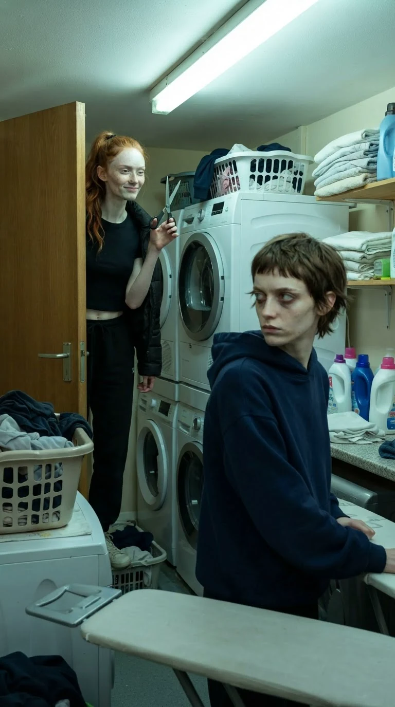 The tall woman shuts the laundry door behind her with her heel and holds up scissors.