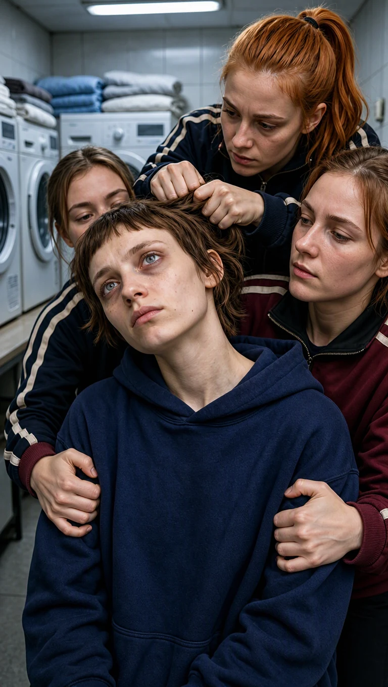 Two young women pin the small woman's arms while a third pulls her hair back hard.