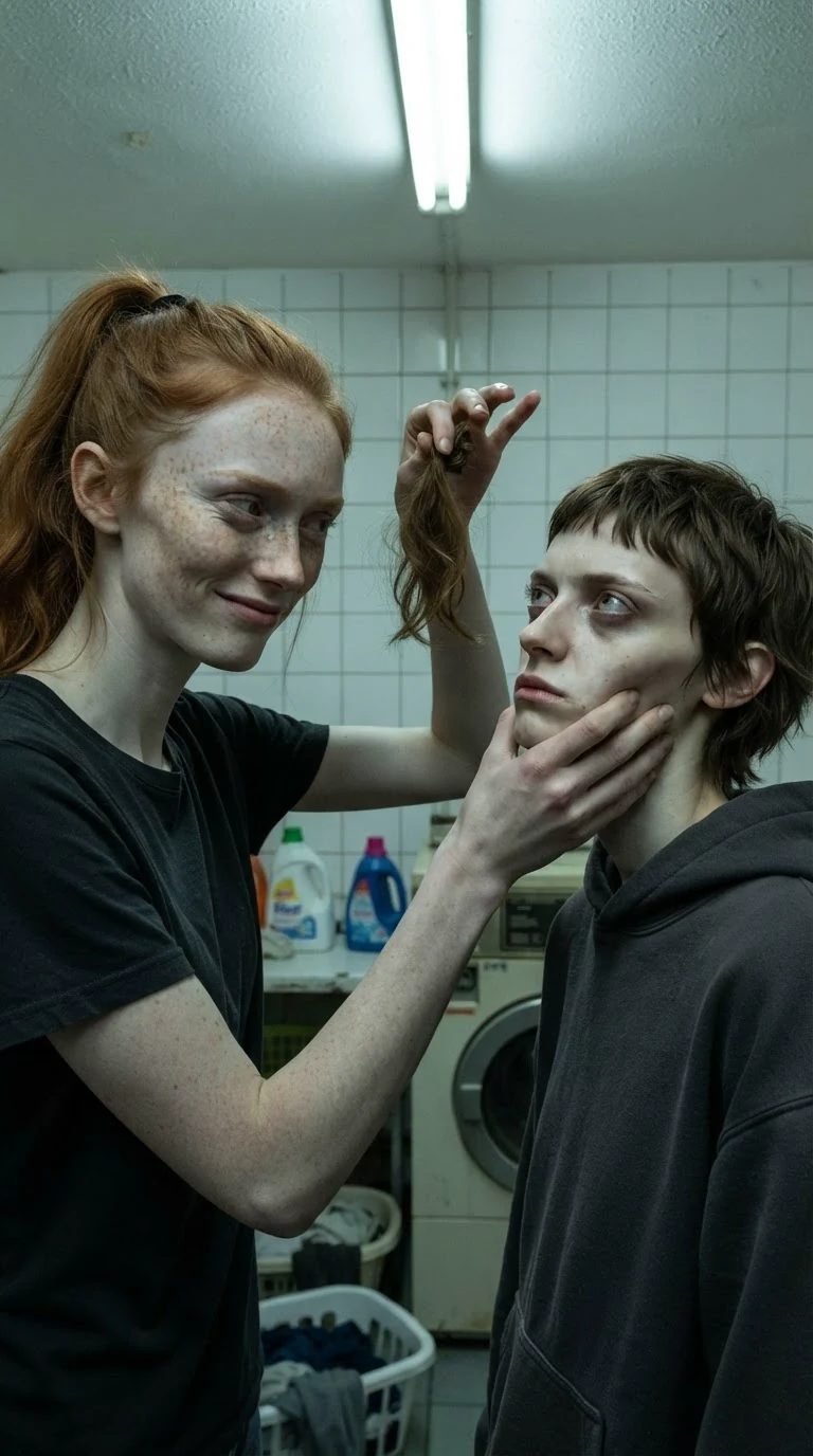 The tall woman lifts a hank of greasy brown hair and sneers while pinching the small woman's jaw.