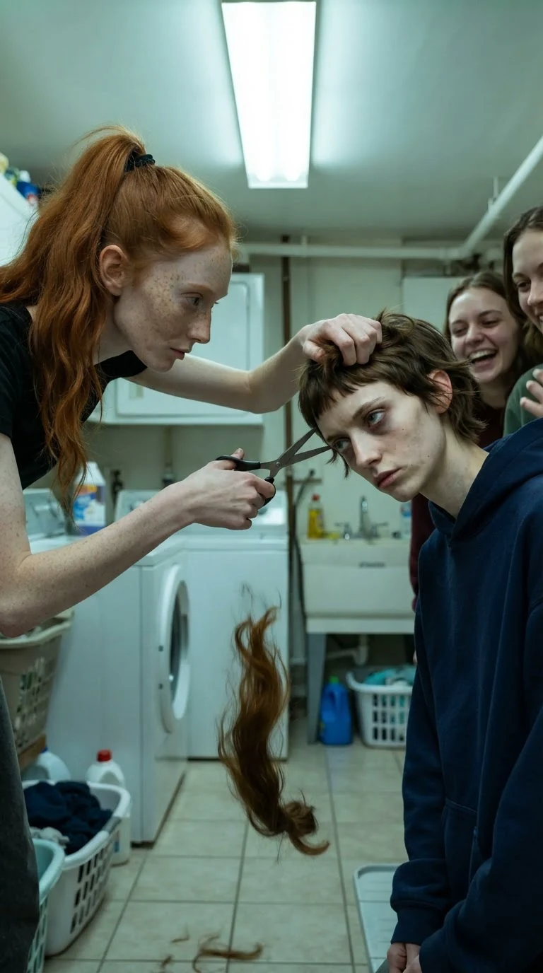 Scissors close to the small woman's ear as a hank of hair drops to the tiles.