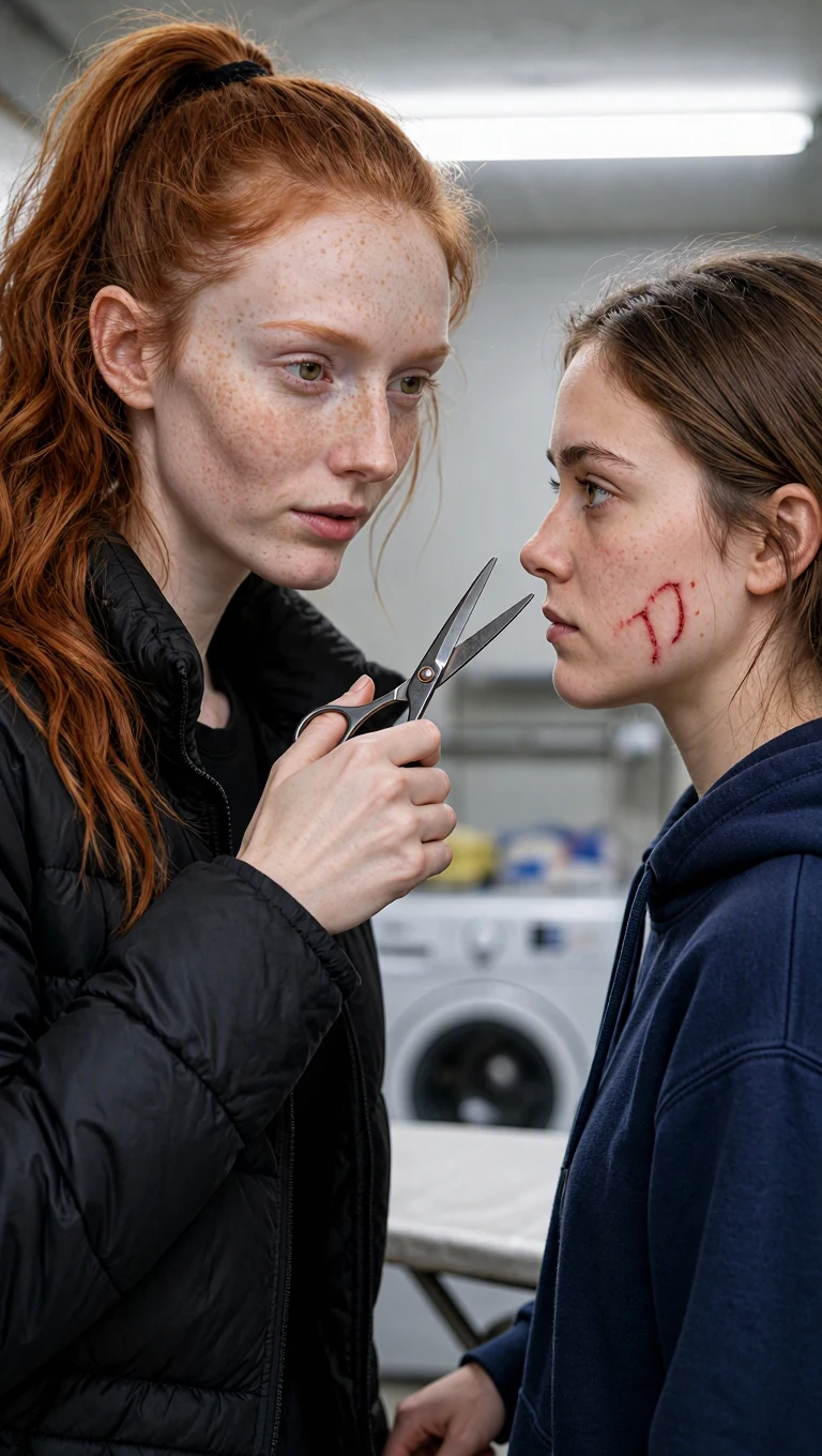 The tall woman holds open scissors near the small woman's cheek and speaks close to her face.