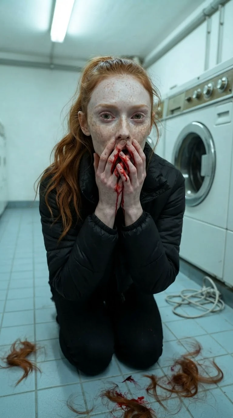 The tall woman is down on the tiles with blood at her mouth, hands over her face.