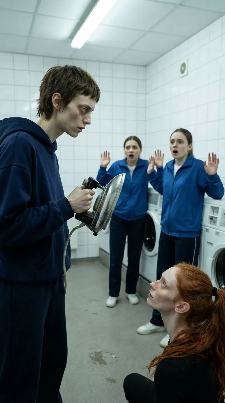 The two friends back against the washing machines while the small woman stands holding the iron.
