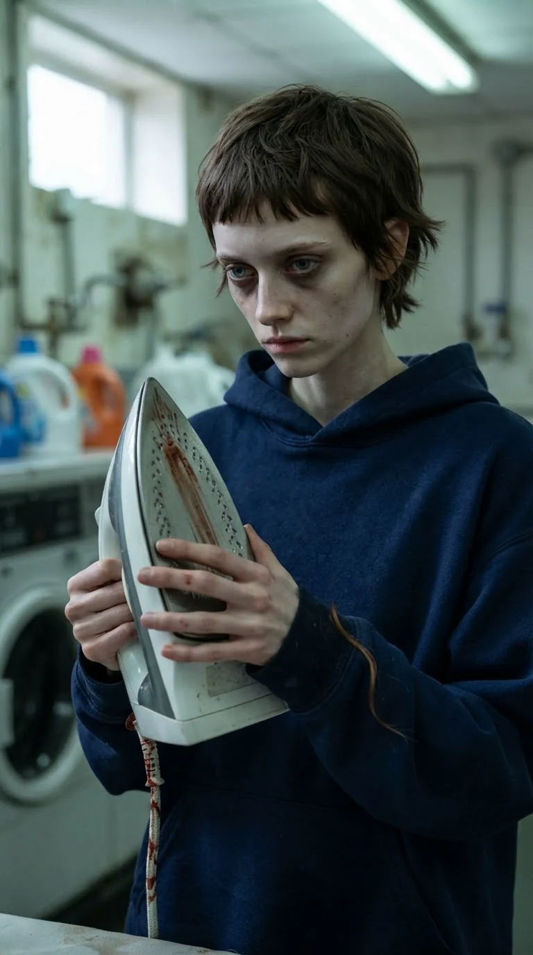 The small woman looks down at the bloodied iron in her hands, the room gone still.