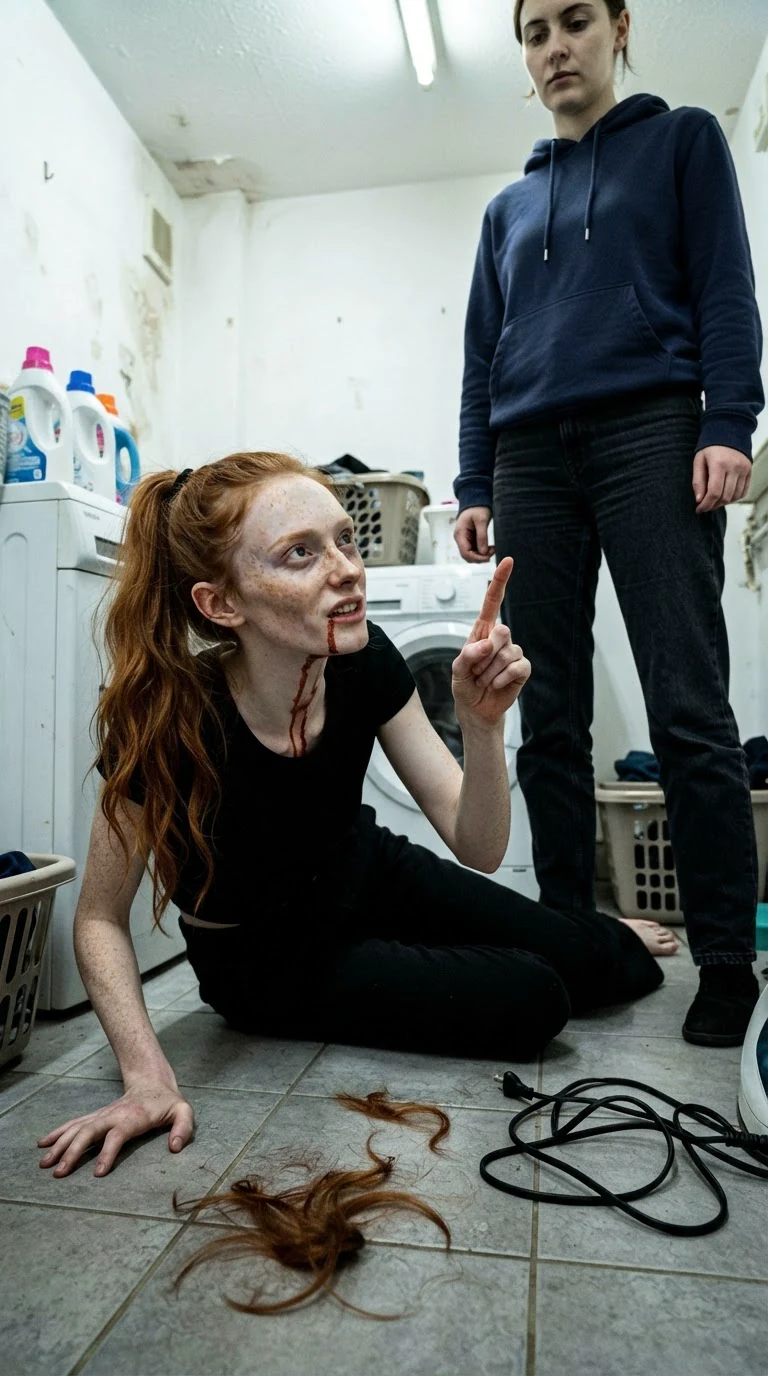 The copper-haired woman on the floor points up at the small woman, blood on her chin, furious.