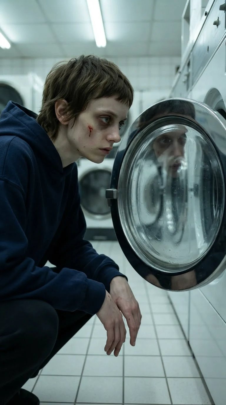 The small woman sees her own reflection in the glass of a washing machine door.