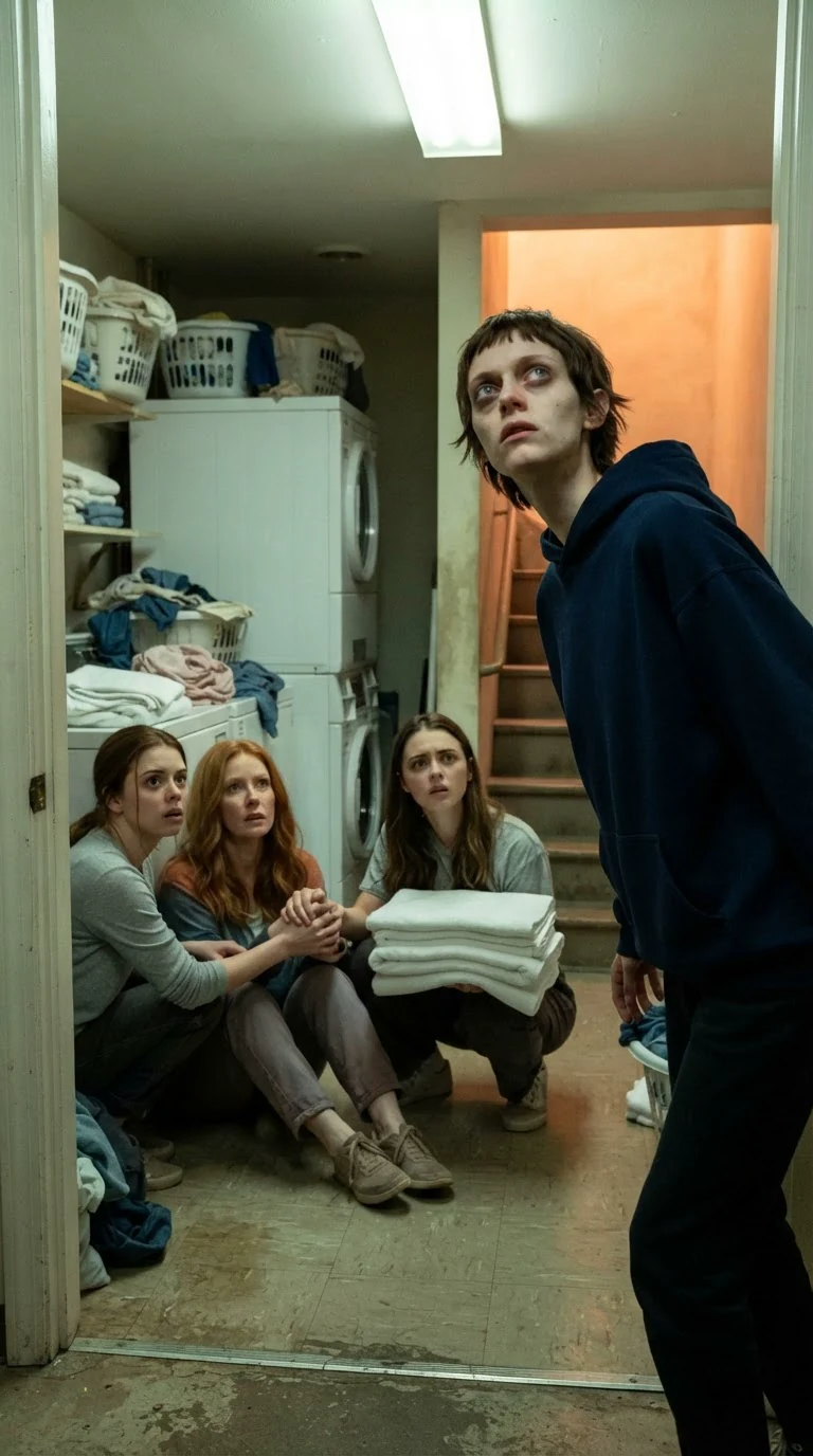 The small woman freezes as a door bangs upstairs and hard feet start down the stairs.