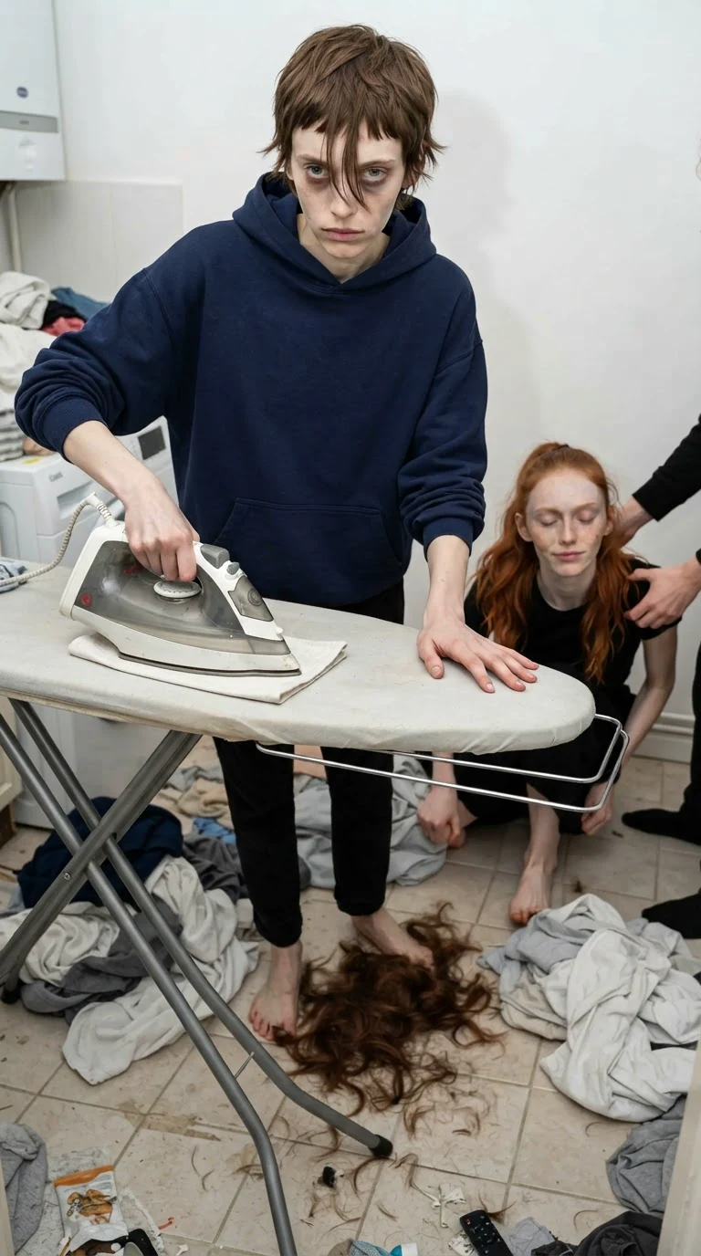 The small woman sets the iron down on the board and stares back at the room she is leaving.