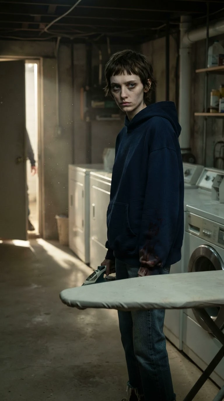 Marnie stands in the basement laundry holding a steam iron, listening to footsteps on the stairs.