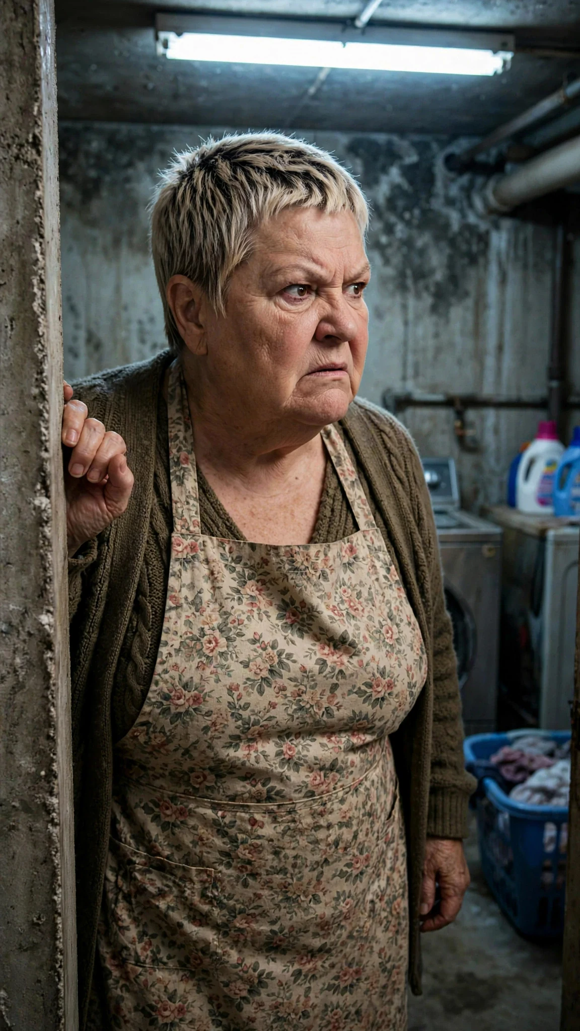 A woman in her fifties in a flowered apron appears at the laundry door.