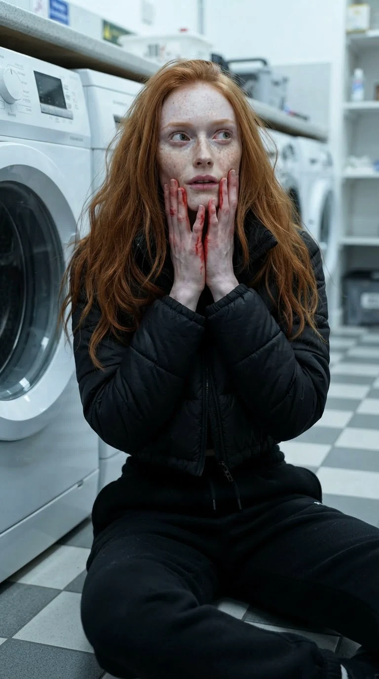 A young woman with a copper ponytail sits on the laundry floor holding her bleeding mouth.
