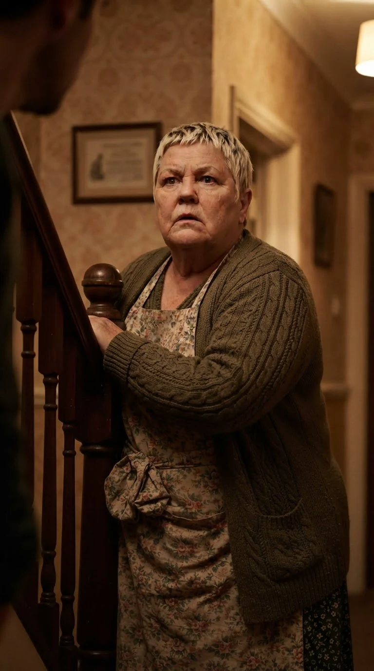 Doreen stares up from the banister, unrecognising.