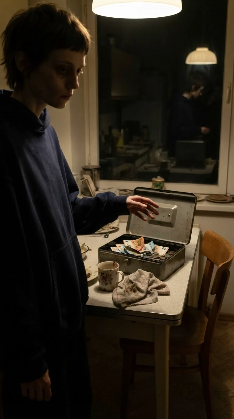 The kitchen table with a metal cash box sitting half open.