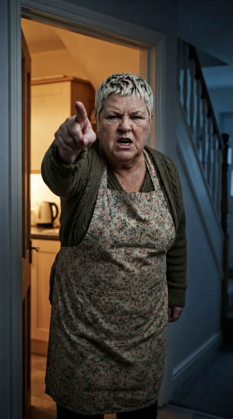 Doreen in the kitchen doorway, pointing, threatening.
