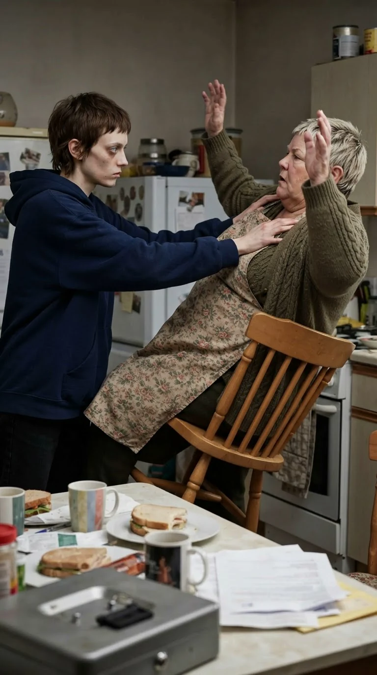 Marnie shoves Doreen back into a kitchen chair.
