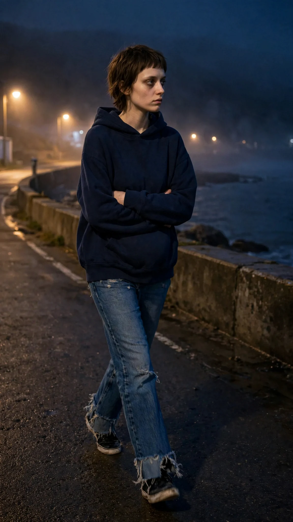Marnie walks fast along a seaside road at night, breath steaming.