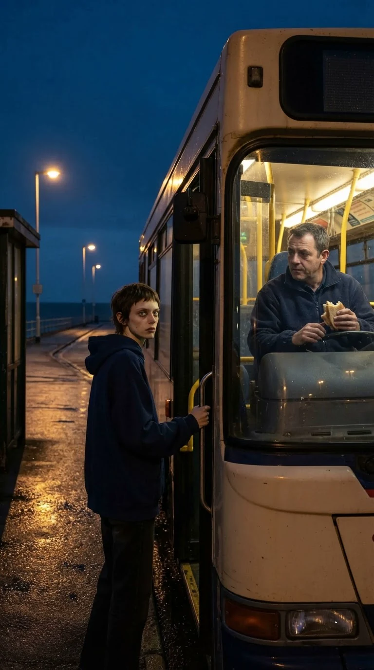 A single night bus waits at a lit stop with the driver aboard.
