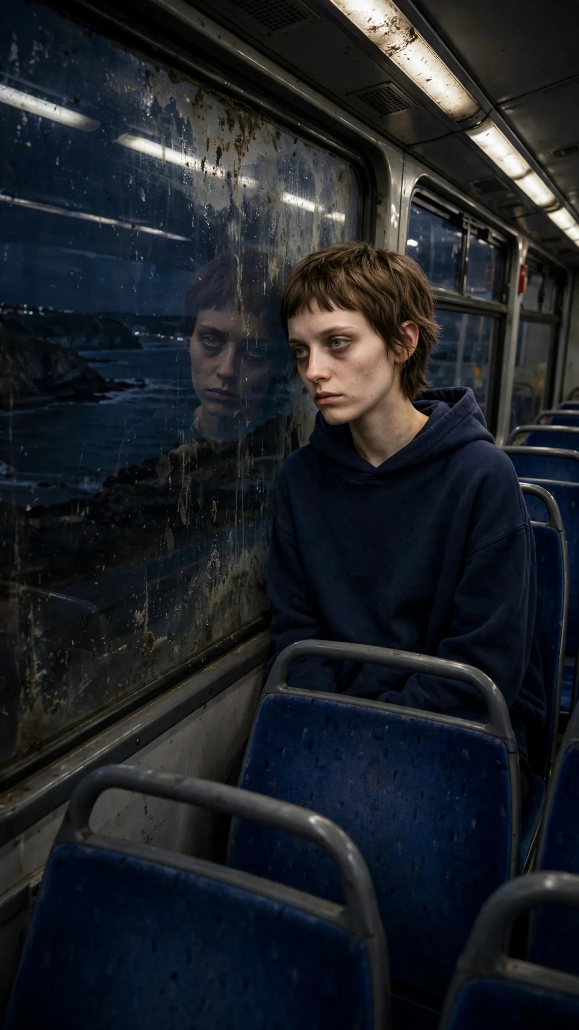 Marnie alone at the back of the bus, staring out the dirty window.