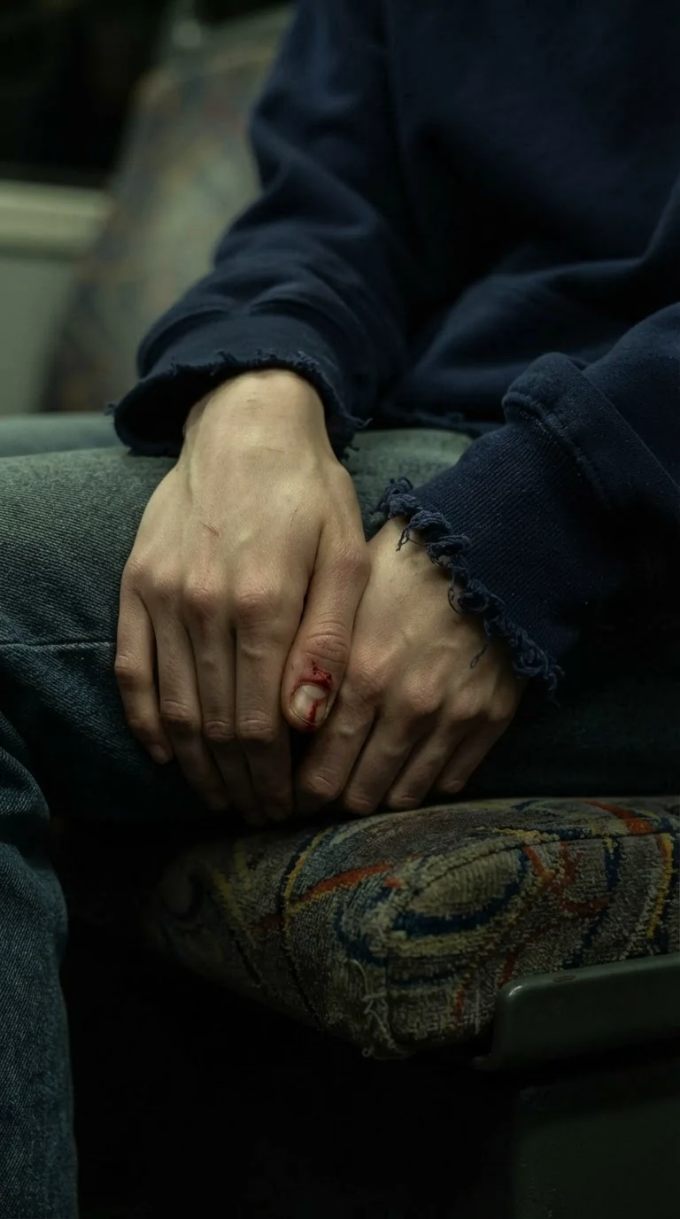 Close-up of Marnie's shaking hands jammed under her leg.