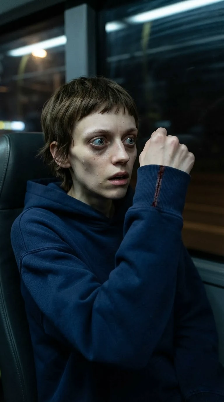 Marnie looks down at blood dried on her sleeve.
