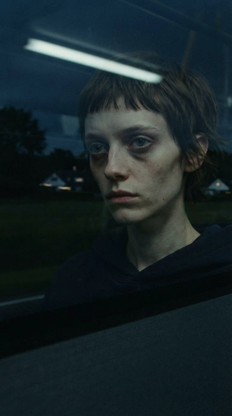 Marnie's face in the bus window reflection, haunted.