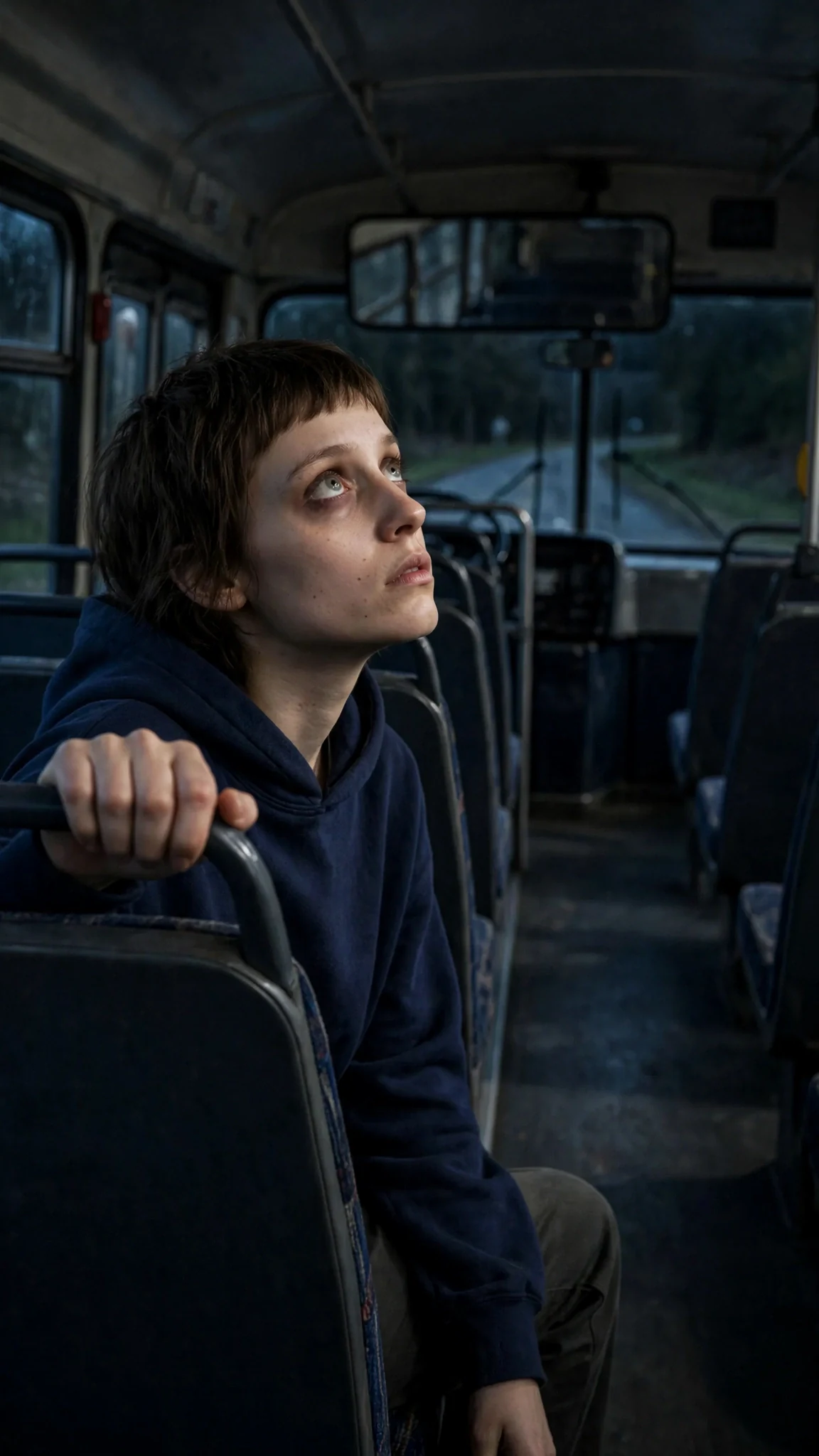 Marnie watching the bus's front mirror for headlights behind them.
