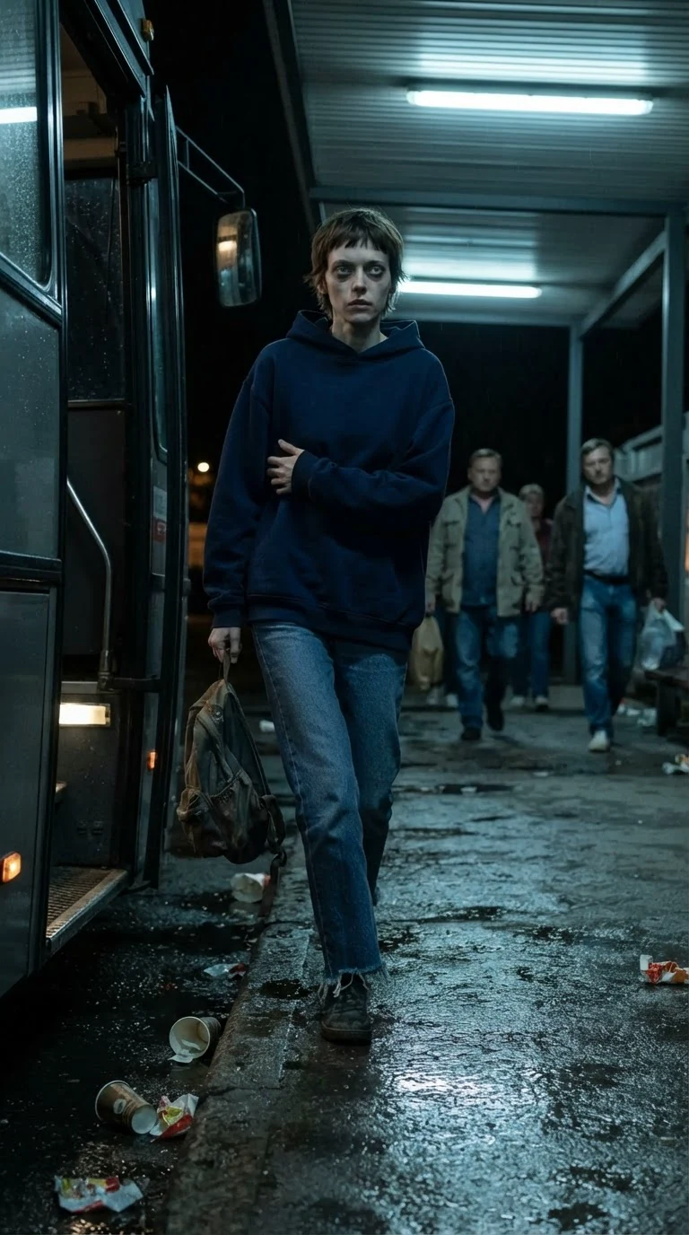 A small pale young woman steps off a night bus into a lit bus station, one arm held against her body.