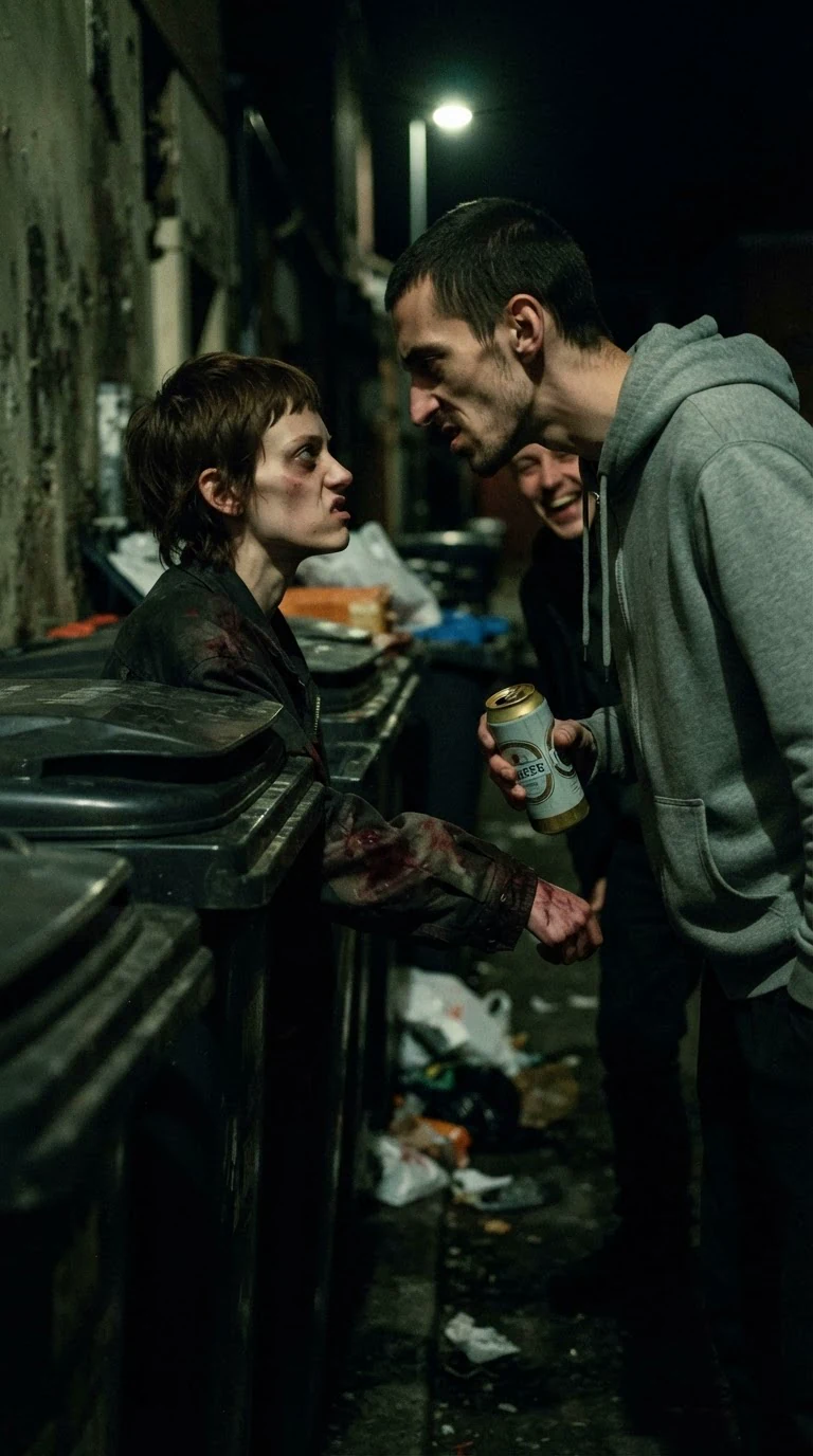 The tall man leans in close, sneering, while the smaller woman presses back against the bins.