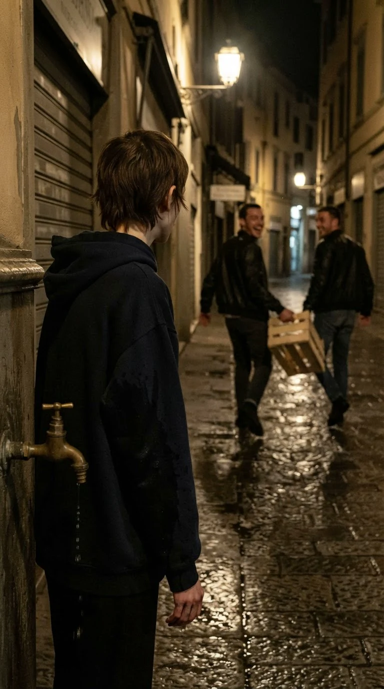 The two men walk away laughing down the wet road, leaving the woman shaking by the bins.