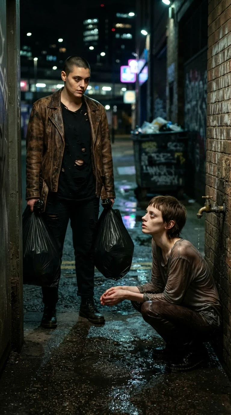 A broad-shouldered young woman in a leather jacket appears at the alley mouth holding bin bags, watching.
