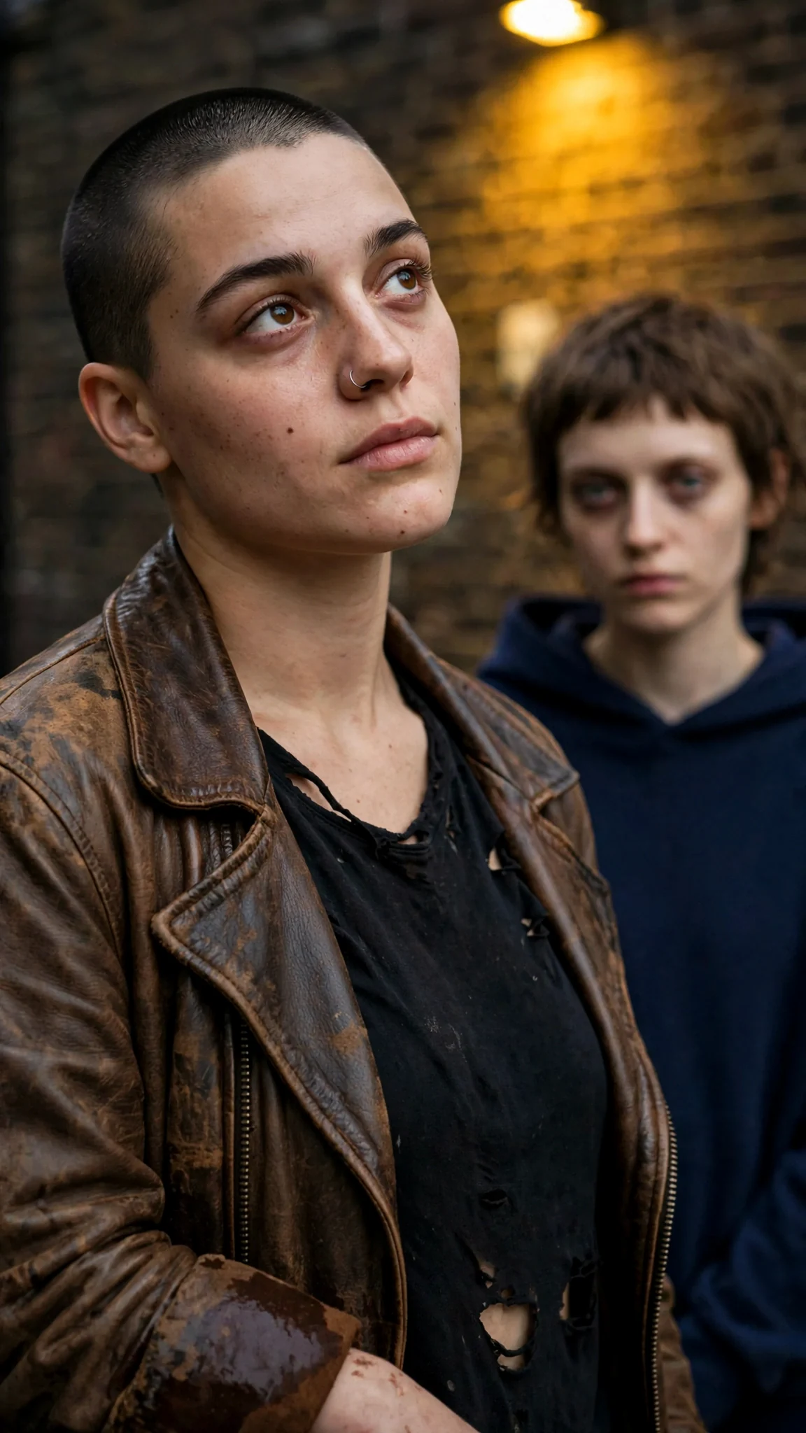 The woman in the leather jacket looks at the stained sleeve for one calm second, then past it.