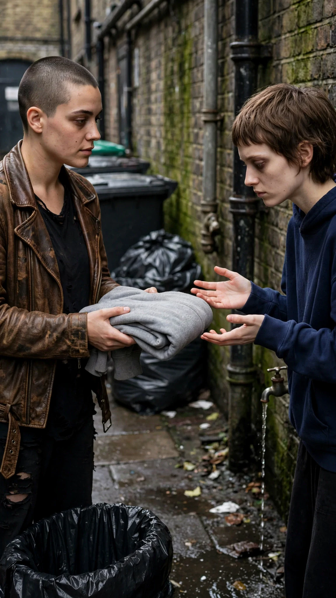 The woman in the leather jacket holds out a folded grey hoodie.