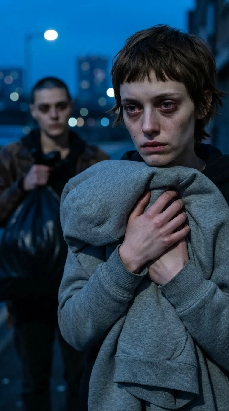 The small woman holds the grey hoodie in both hands, frozen, looking at it rather than the giver.