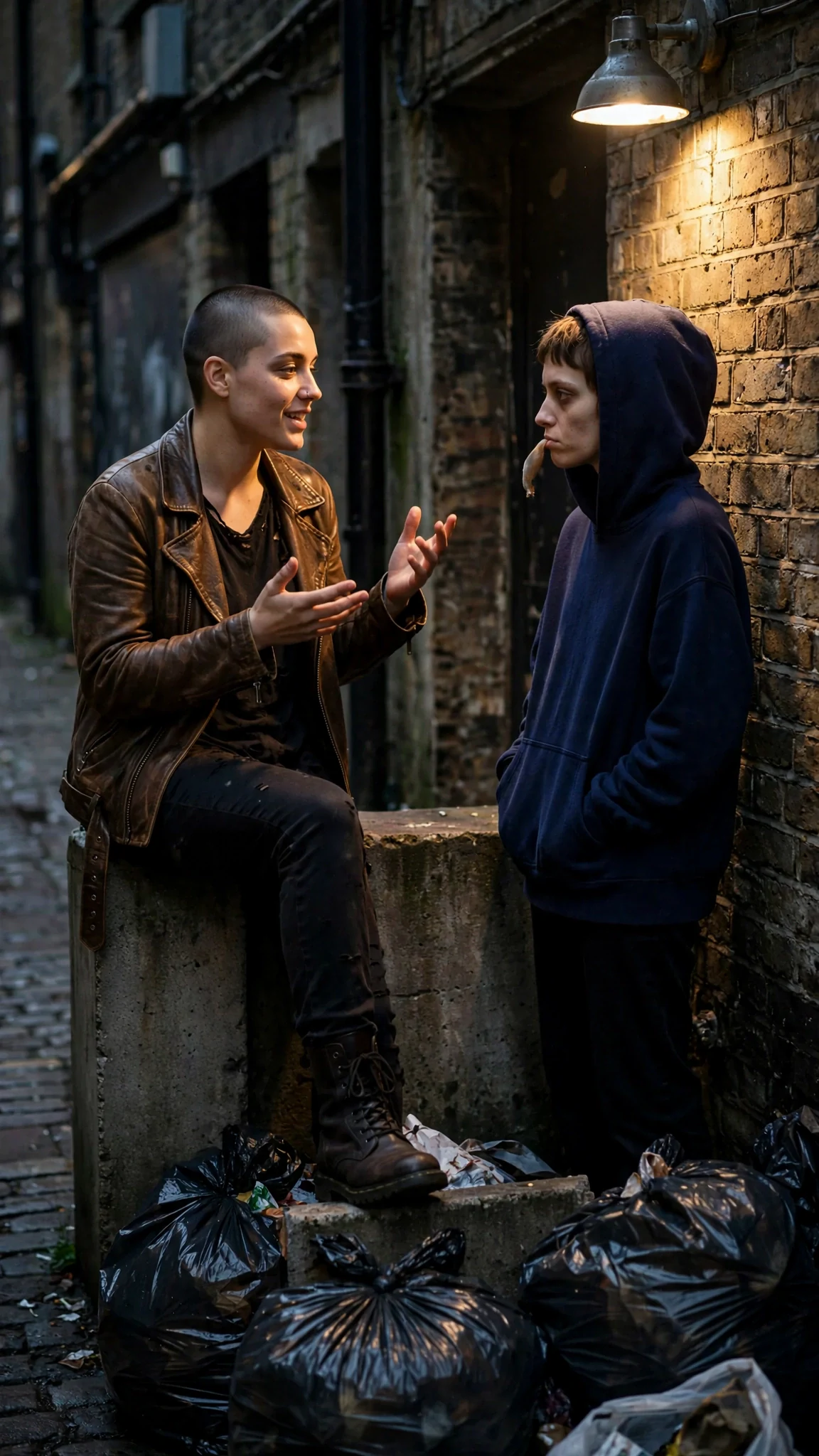 The two women stand facing each other by the bins, the leather-jacketed one talking easily.